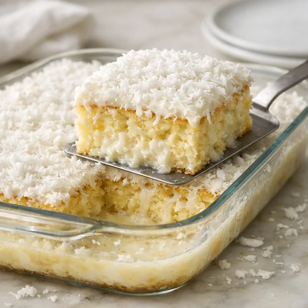 Bolo Gelado de Coco Cremoso na Travessa (sem complicação, perfeito para o calor) Foto de Bolo Gelado de Coco Cremoso na Travessa (sem complicação, perfeito para o calor)