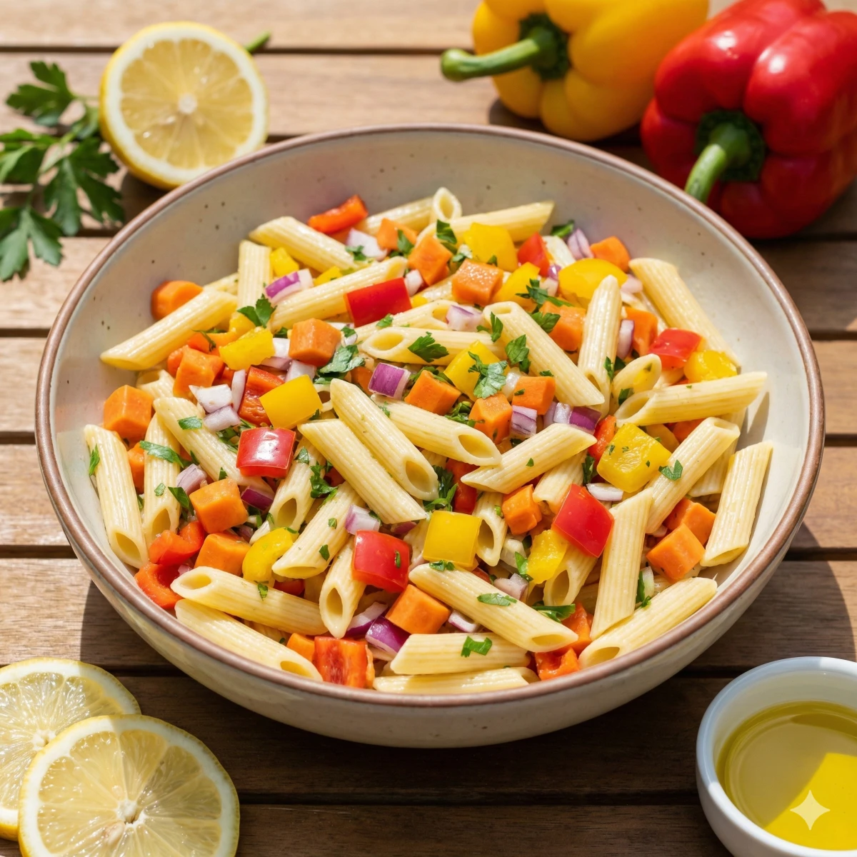 Macarrão Gelado com Legumes e Molho de Limão Foto de Macarrão Gelado com Legumes e Molho de Limão