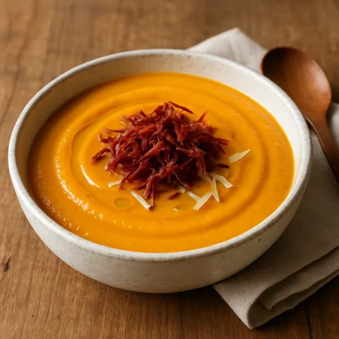 Receita: Sopa Cremosa de Abóbora com Gengibre e Carne Seca Desfiada