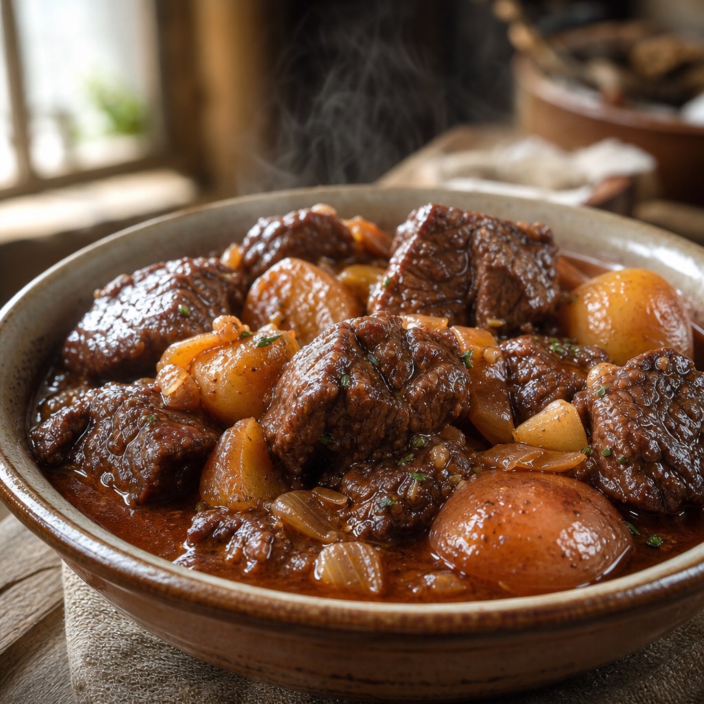 Carne de panela com batatas ao vinho tinto Foto de Carne de panela com batatas ao vinho tinto