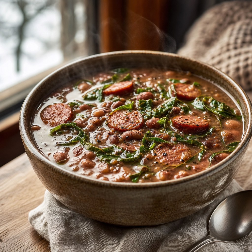 Sopa de feijão com couve e linguiça defumada Foto de Sopa de feijão com couve e linguiça defumada