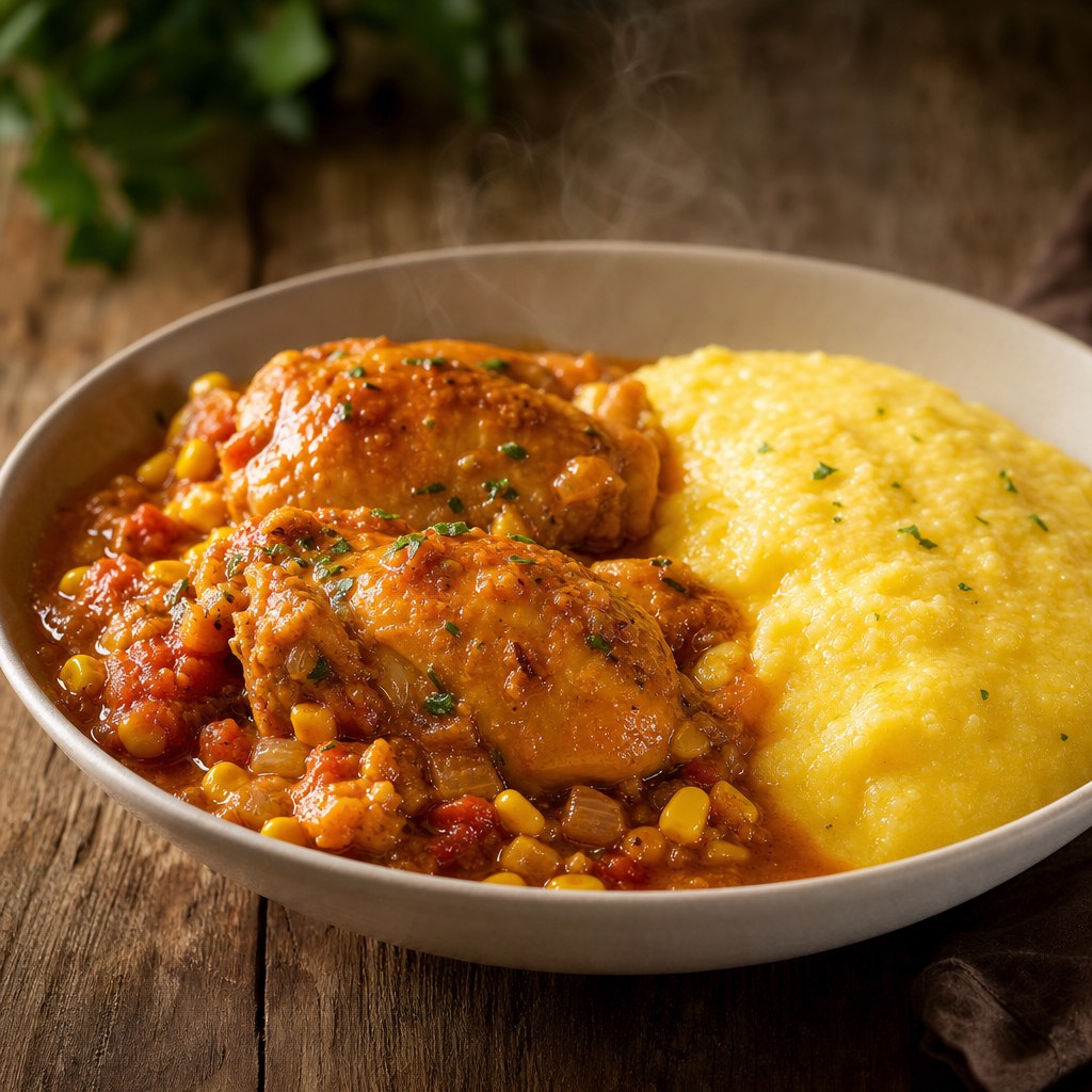 Frango ensopado com milho e polenta cremosa Foto de Frango ensopado com milho e polenta cremosa