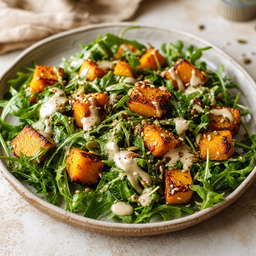 Salada morna de abóbora com rúcula e tahine Foto de Salada morna de abóbora com rúcula e tahine