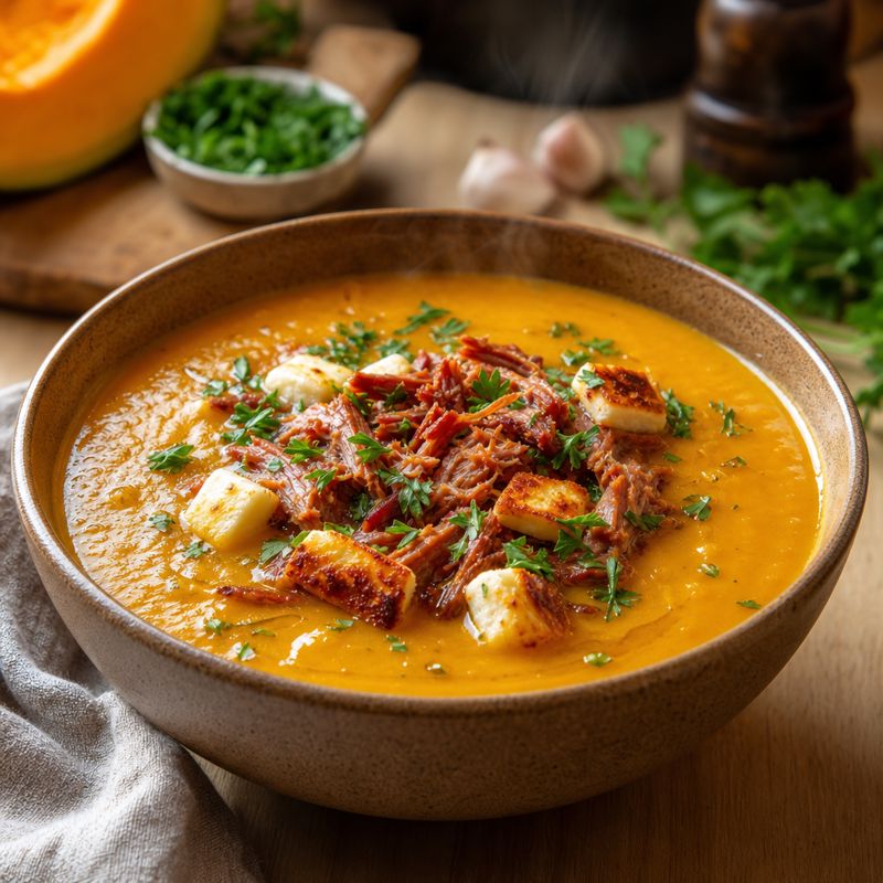 Receita: Sopa cremosa de abóbora com carne seca
