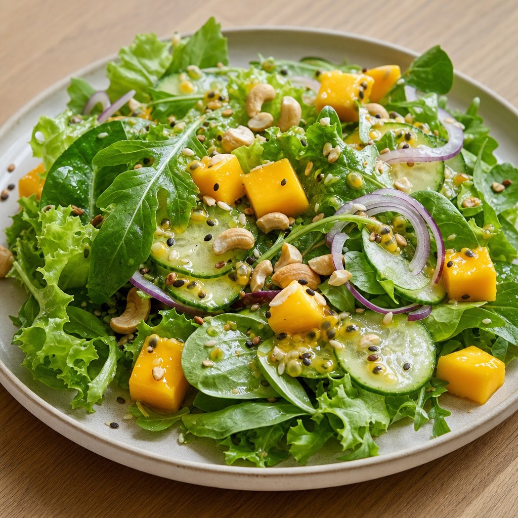 Foto de Salada de folhas com manga e maracujá