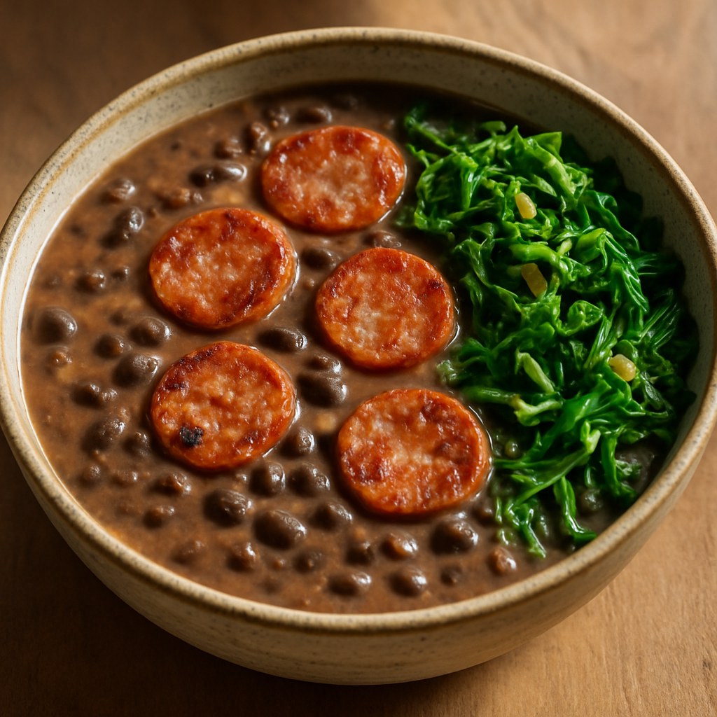 Sopa de feijão preto com linguiça caseira e couve refogada Foto de Sopa de feijão preto com linguiça caseira e couve refogada