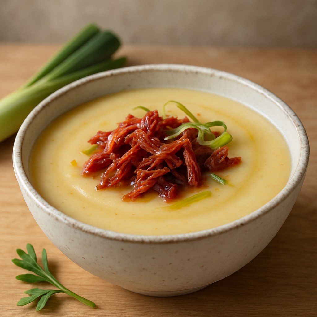 Foto de Sopa cremosa de mandioca com carne seca e alho-poró