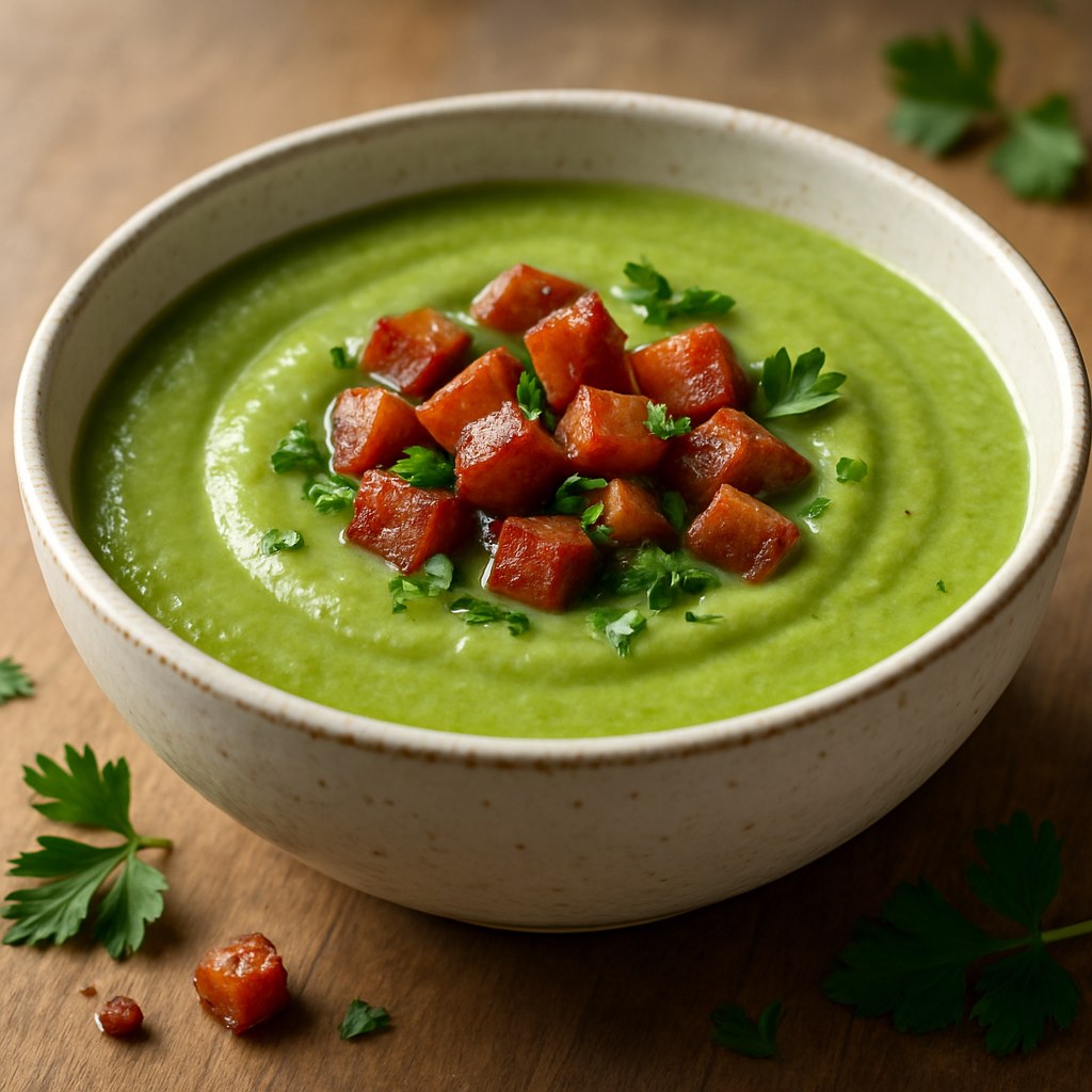 Sopa de Ervilha com Bacon Crocante e Cheiro-Verde Foto de Sopa de Ervilha com Bacon Crocante e Cheiro-Verde