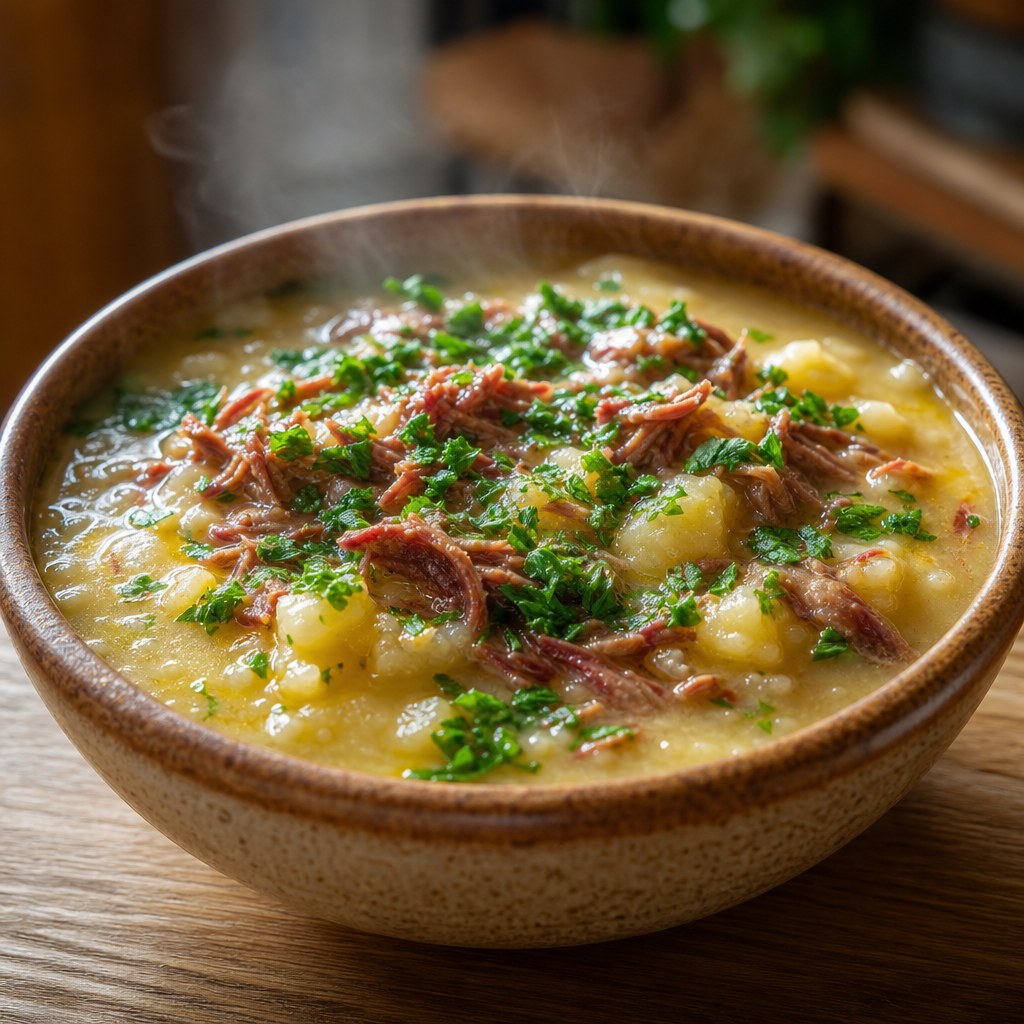 Foto de Sopa de mandioca com carne seca e cheiro-verde