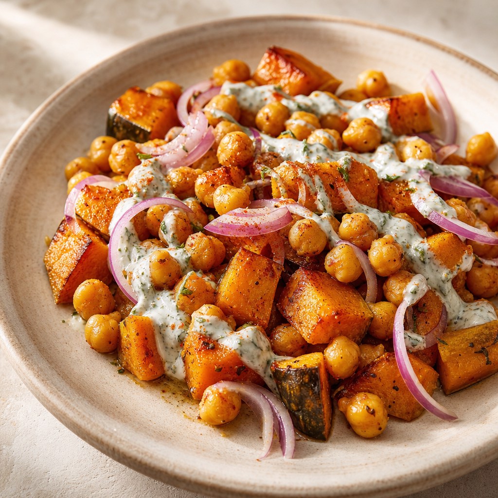 Salada morna de grão-de-bico com abóbora Foto de Salada morna de grão-de-bico com abóbora