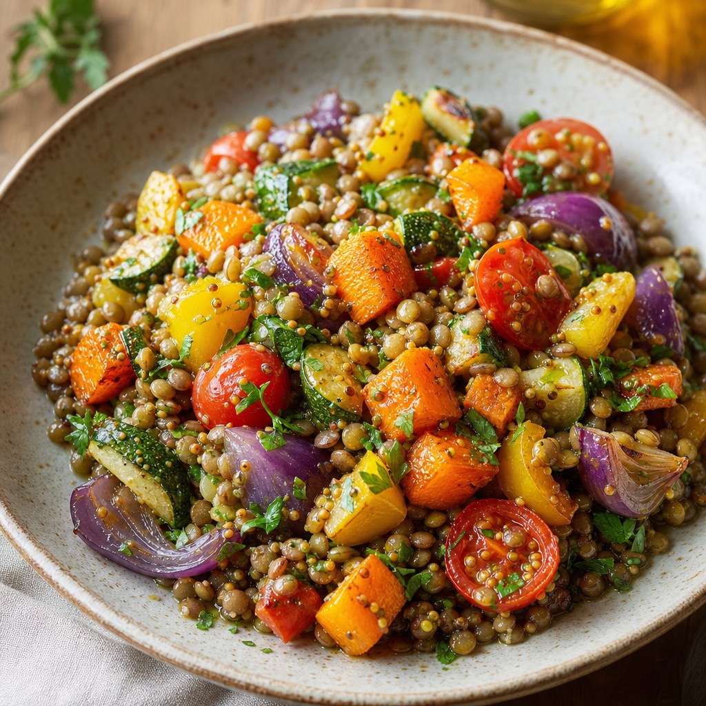 Salada morna de lentilha com legumes assados Foto de Salada morna de lentilha com legumes assados